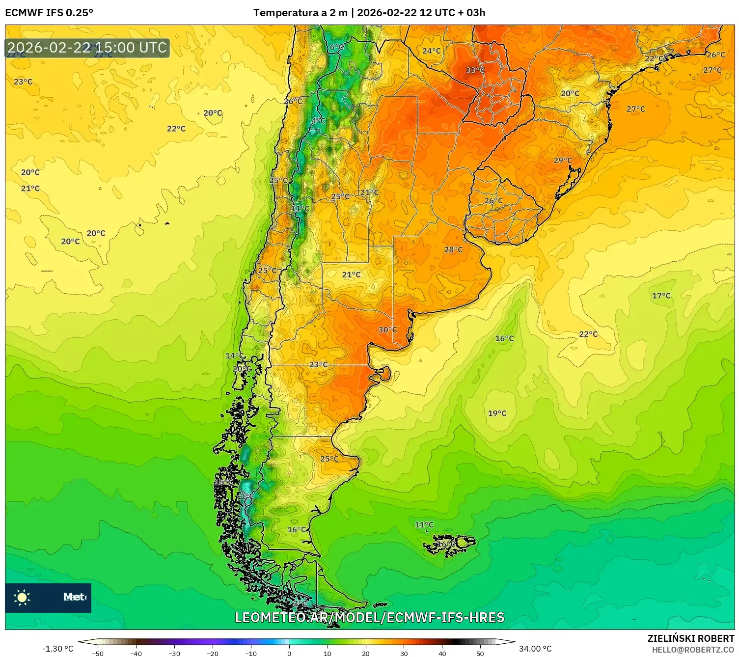 ECMWF IFS 0.25° model - Argentyna, Temperatura na 2 m