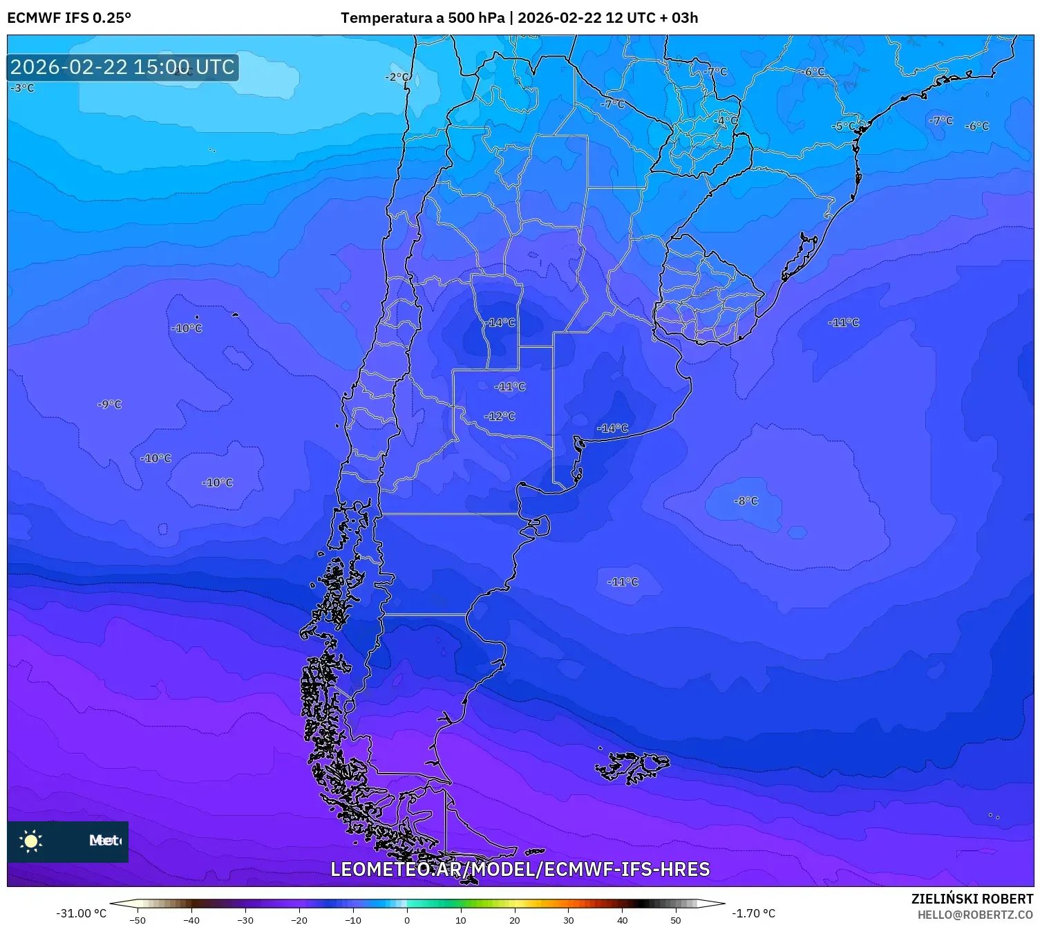 ECMWF IFS 0.25° model - Argentyna, Temperatura na 500 hPa