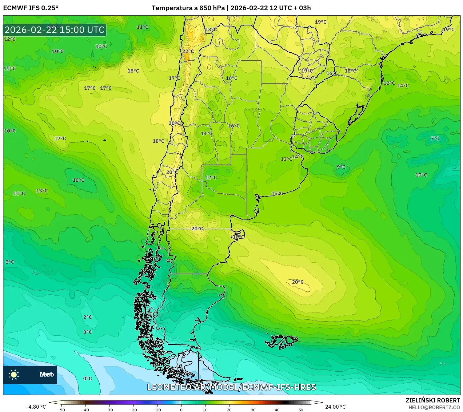ECMWF IFS 0.25° model - Argentyna, Temperatura na 850 hPa