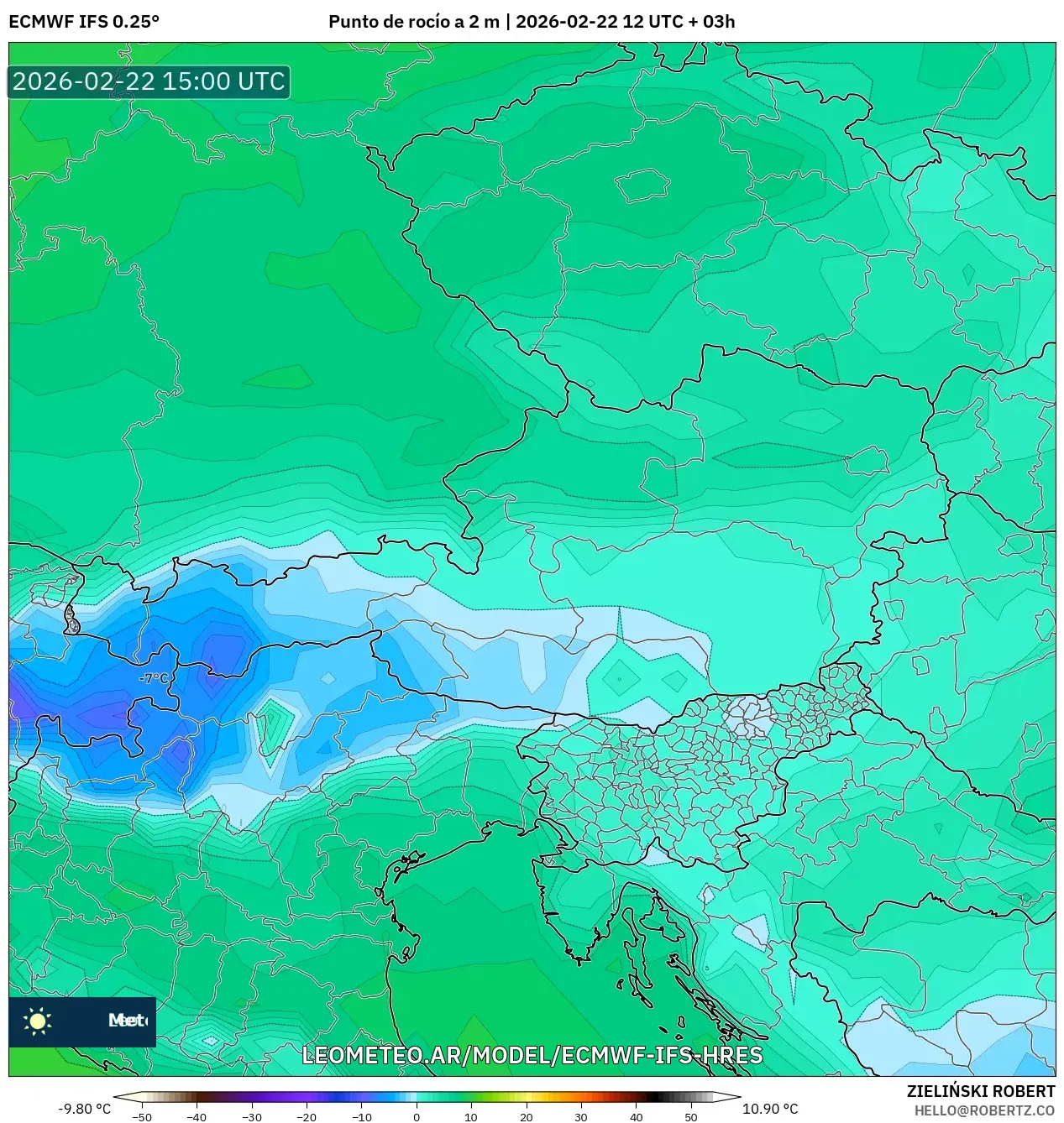 ECMWF IFS 0.25° model - Austria, Punkt rosy na 2 m