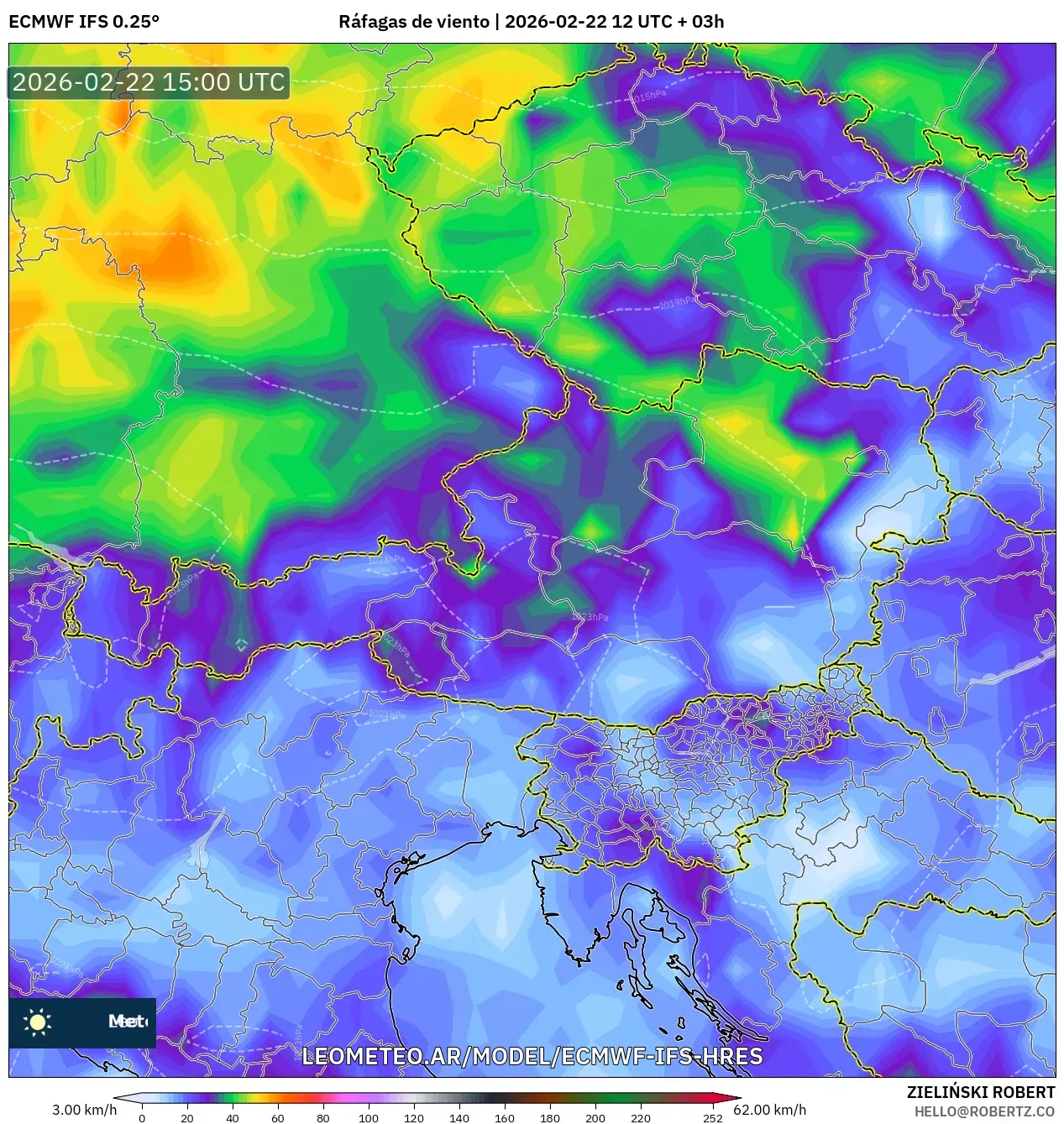 ECMWF IFS 0.25° model - Austria, Porywy wiatru