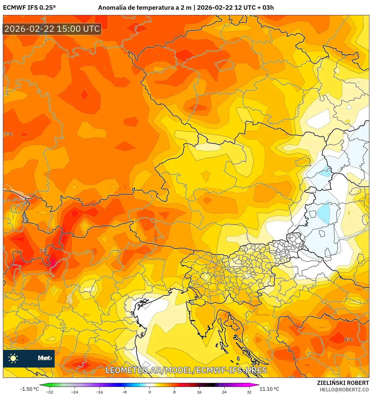 ECMWF IFS 0.25° model - Austria, Anomalia temperatury na 2 m