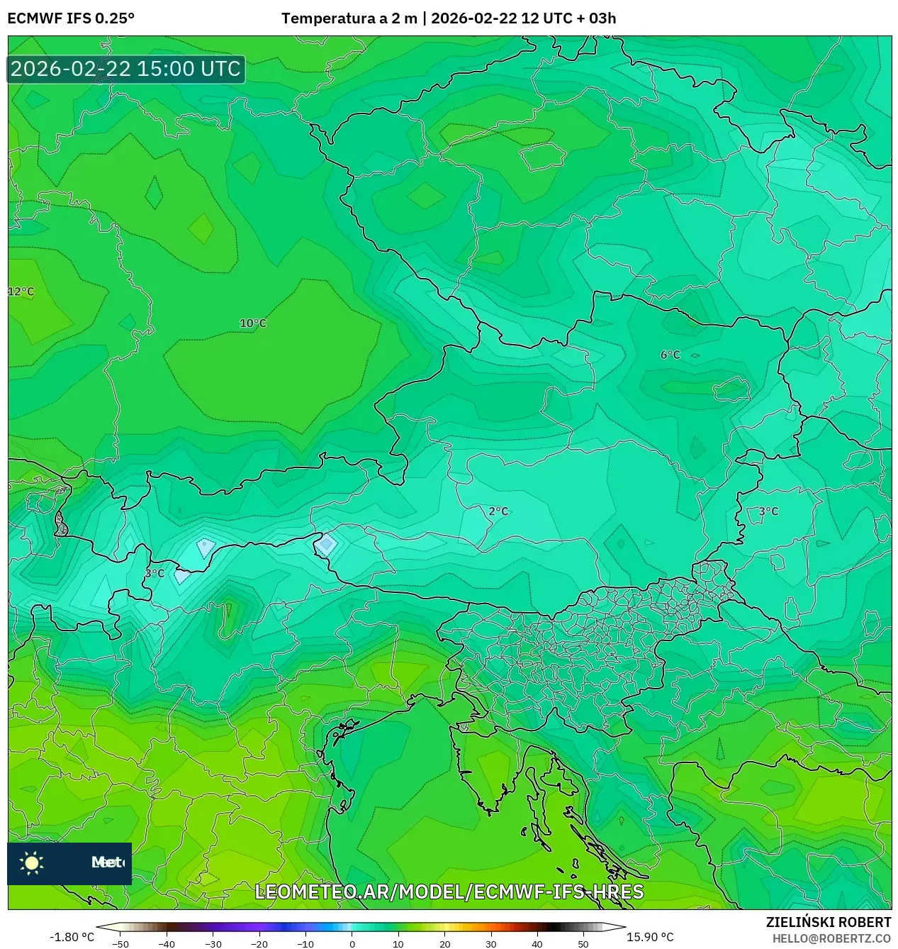 ECMWF IFS 0.25° model - Austria, Temperatura na 2 m
