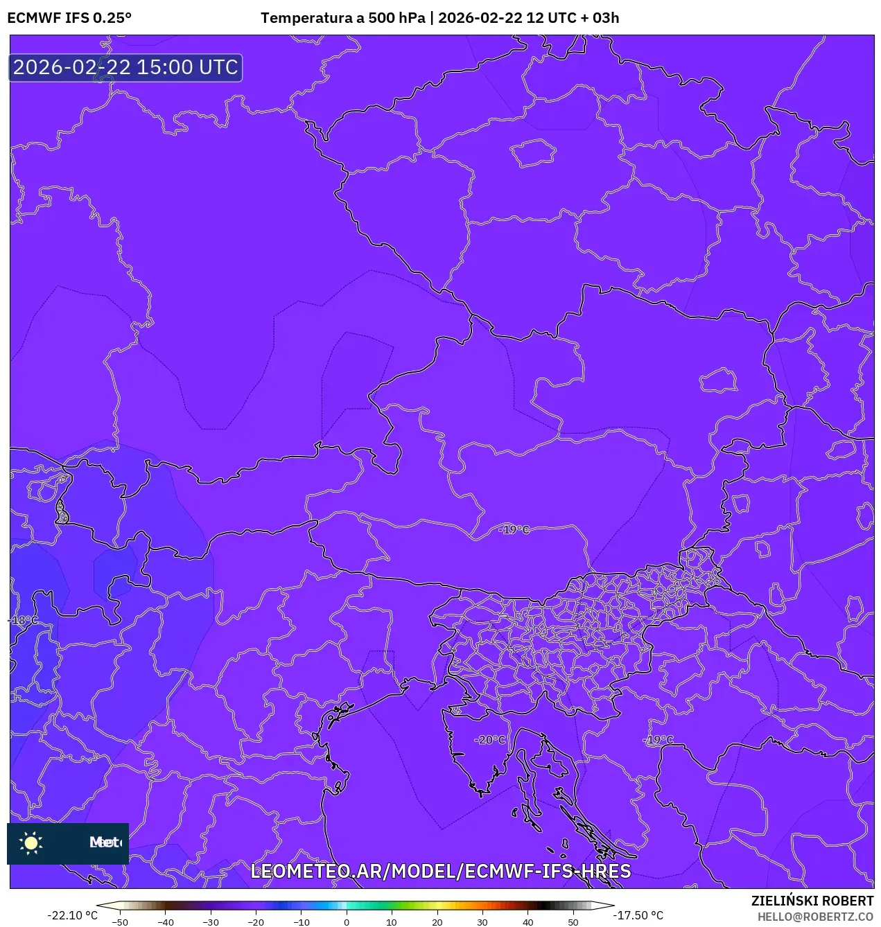 ECMWF IFS 0.25° model - Austria, Temperatura na 500 hPa