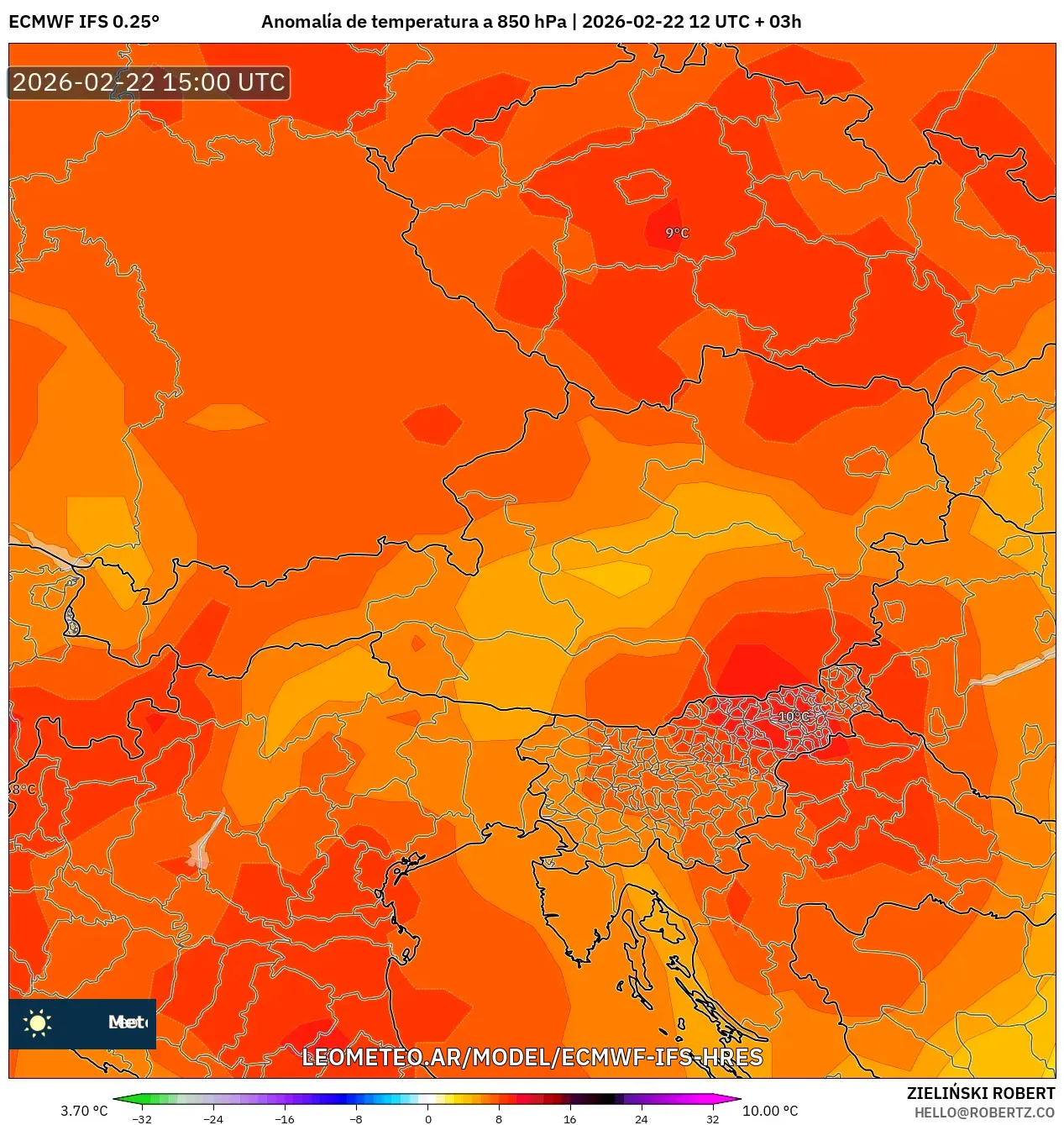ECMWF IFS 0.25° model - Austria, Anomalia temperatury na 850 hPa
