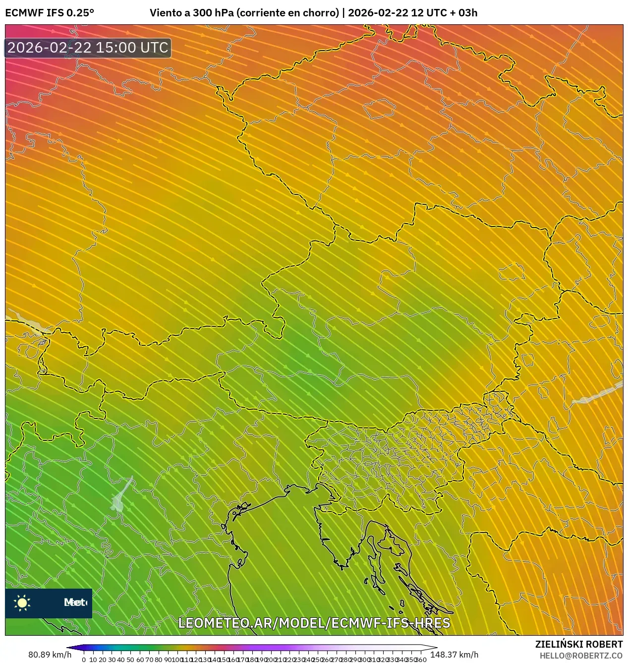 ECMWF IFS 0.25° model - Austria, Wiatr na 300 hPa (prąd strumieniowy)