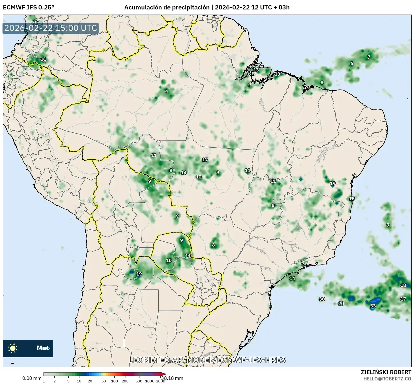 ECMWF IFS 0.25° model - Brazylia, Suma opadów