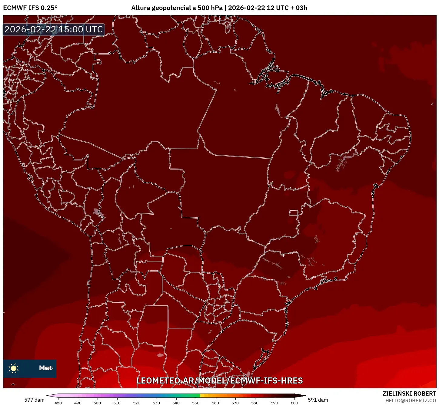 ECMWF IFS 0.25° model - Brazylia, Wysokość geopotencjalna na poziomie 500 hPa