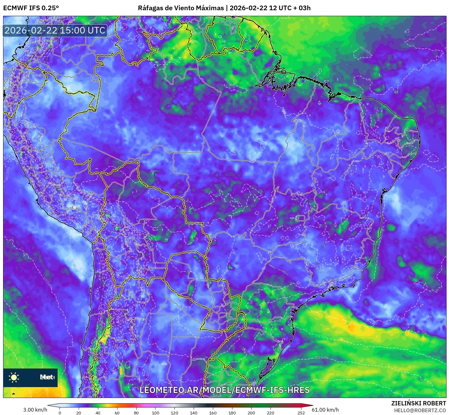 ECMWF IFS 0.25° model - Brazylia, Maksymalne Porywy Wiatru