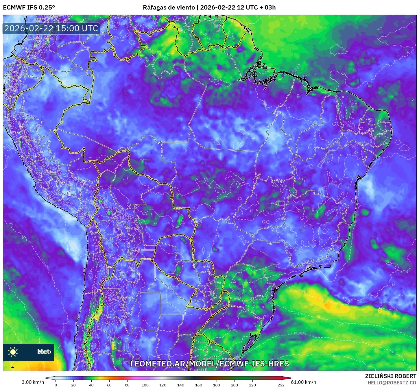 ECMWF IFS 0.25° model - Brazylia, Porywy wiatru