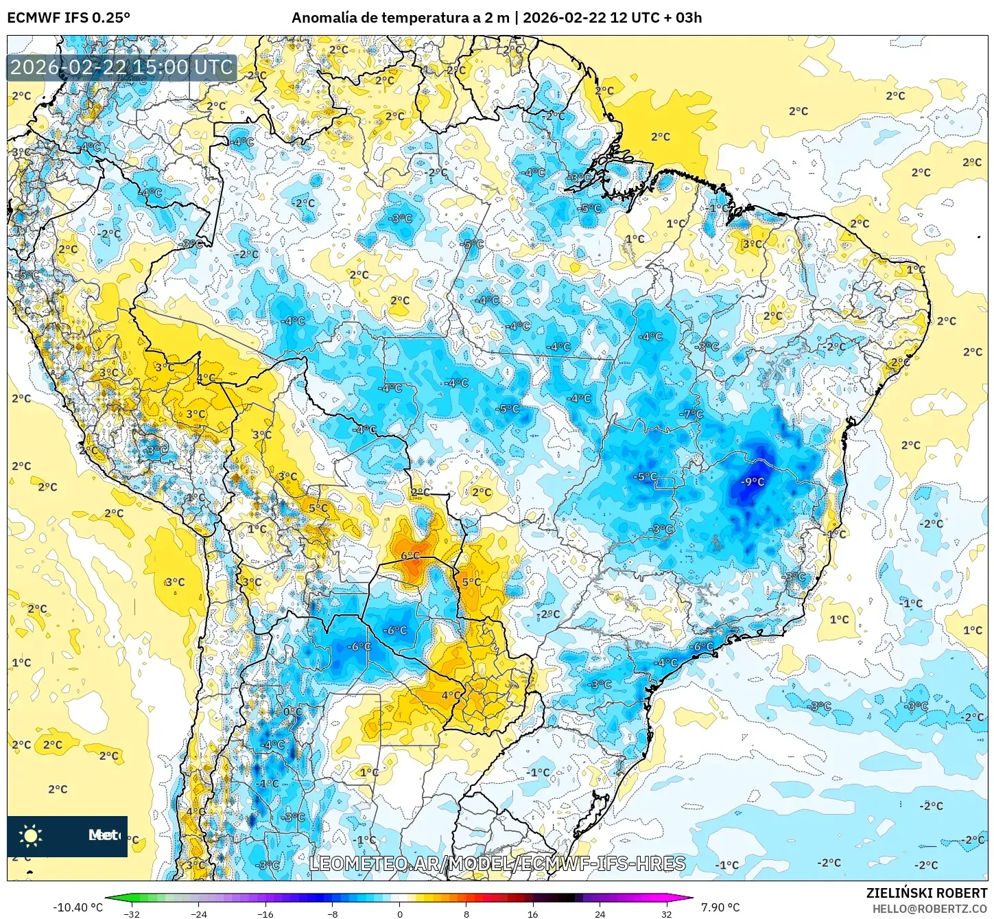 ECMWF IFS 0.25° model - Brazylia, Anomalia temperatury na 2 m