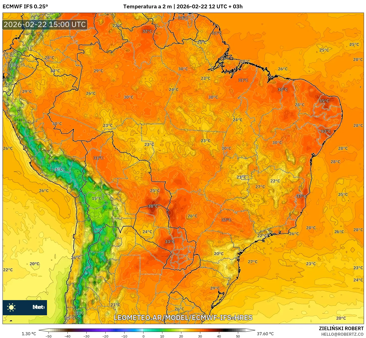 ECMWF IFS 0.25° model - Brazylia, Temperatura na 2 m