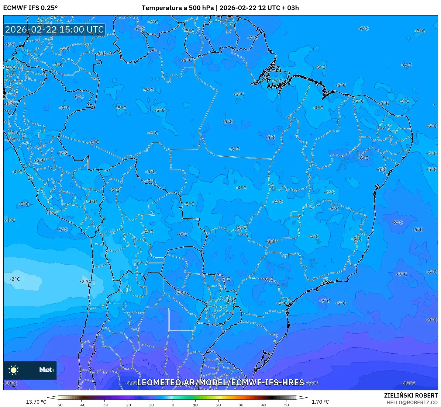 ECMWF IFS 0.25° model - Brazylia, Temperatura na 500 hPa