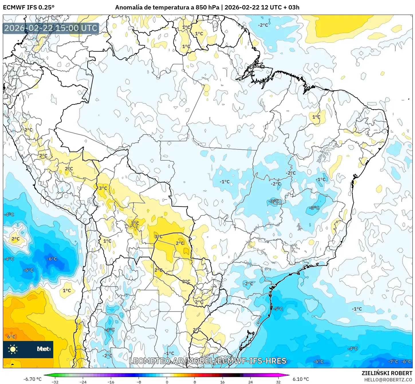 ECMWF IFS 0.25° model - Brazylia, Anomalia temperatury na 850 hPa