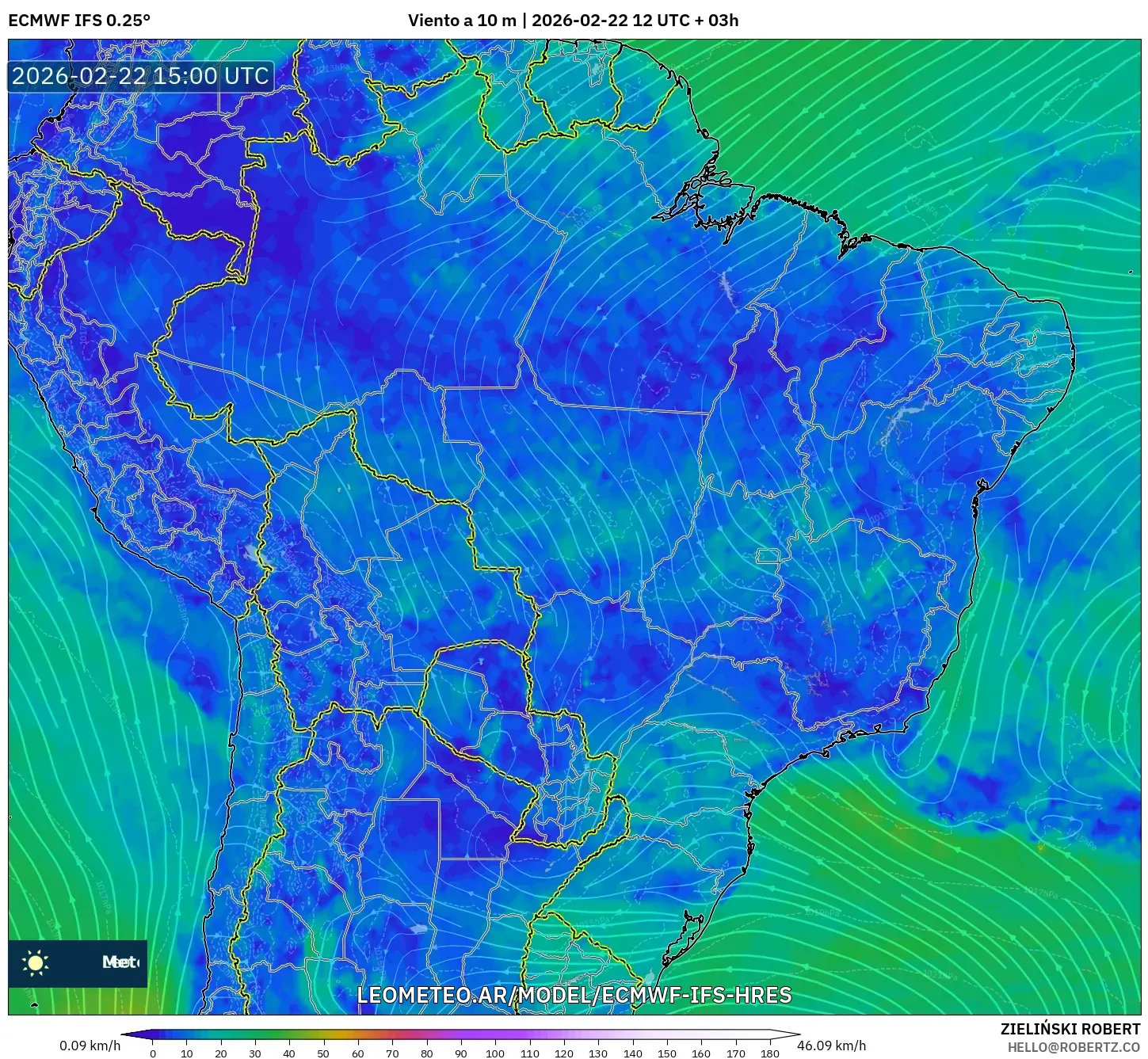 ECMWF IFS 0.25° model - Brazylia, Wiatr na 10 m