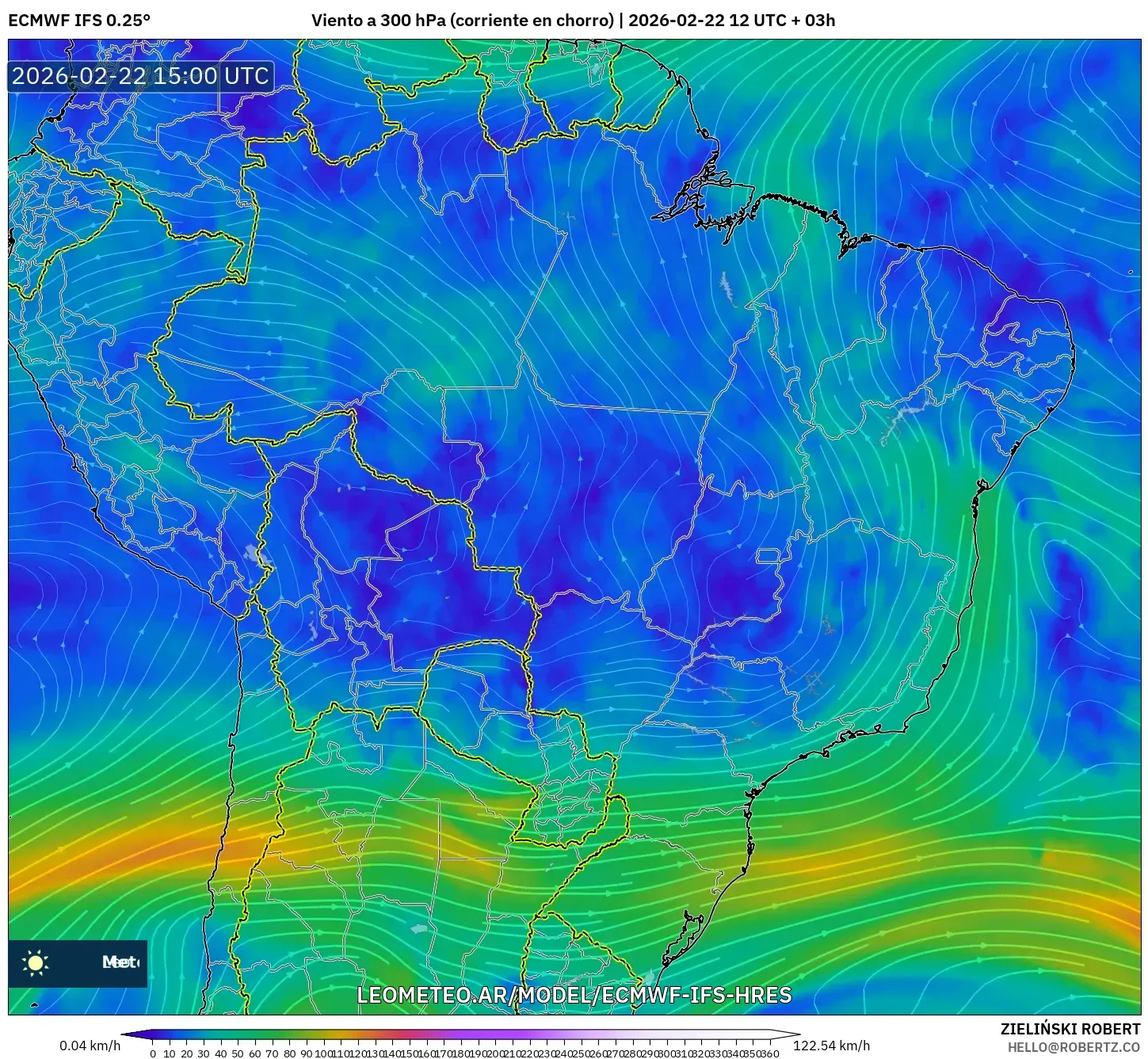 ECMWF IFS 0.25° model - Brazylia, Wiatr na 300 hPa (prąd strumieniowy)