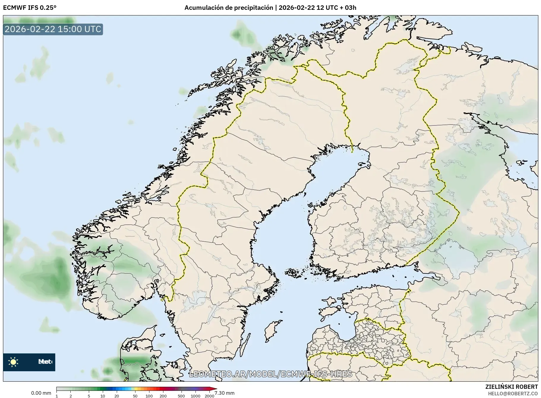 ECMWF IFS 0.25° model - Skandynawia, Suma opadów