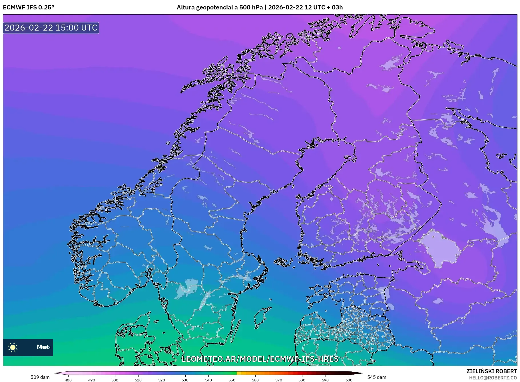 ECMWF IFS 0.25° model - Skandynawia, Wysokość geopotencjalna na poziomie 500 hPa