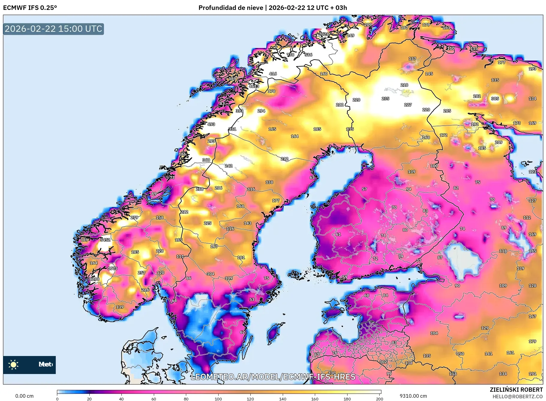 ECMWF IFS 0.25° model - Skandynawia, Pokrywa śnieżna