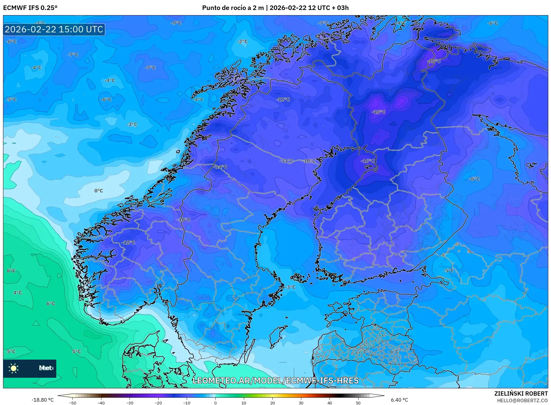 ECMWF IFS 0.25° model - Skandynawia, Punkt rosy na 2 m