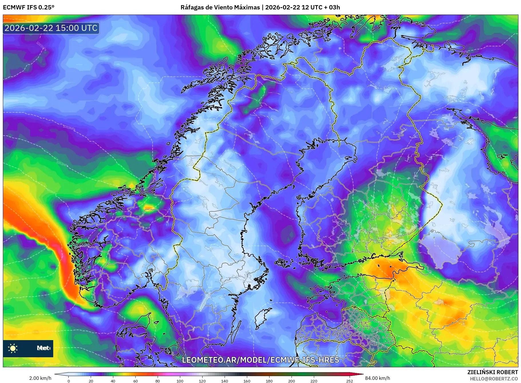 ECMWF IFS 0.25° model - Skandynawia, Maksymalne Porywy Wiatru