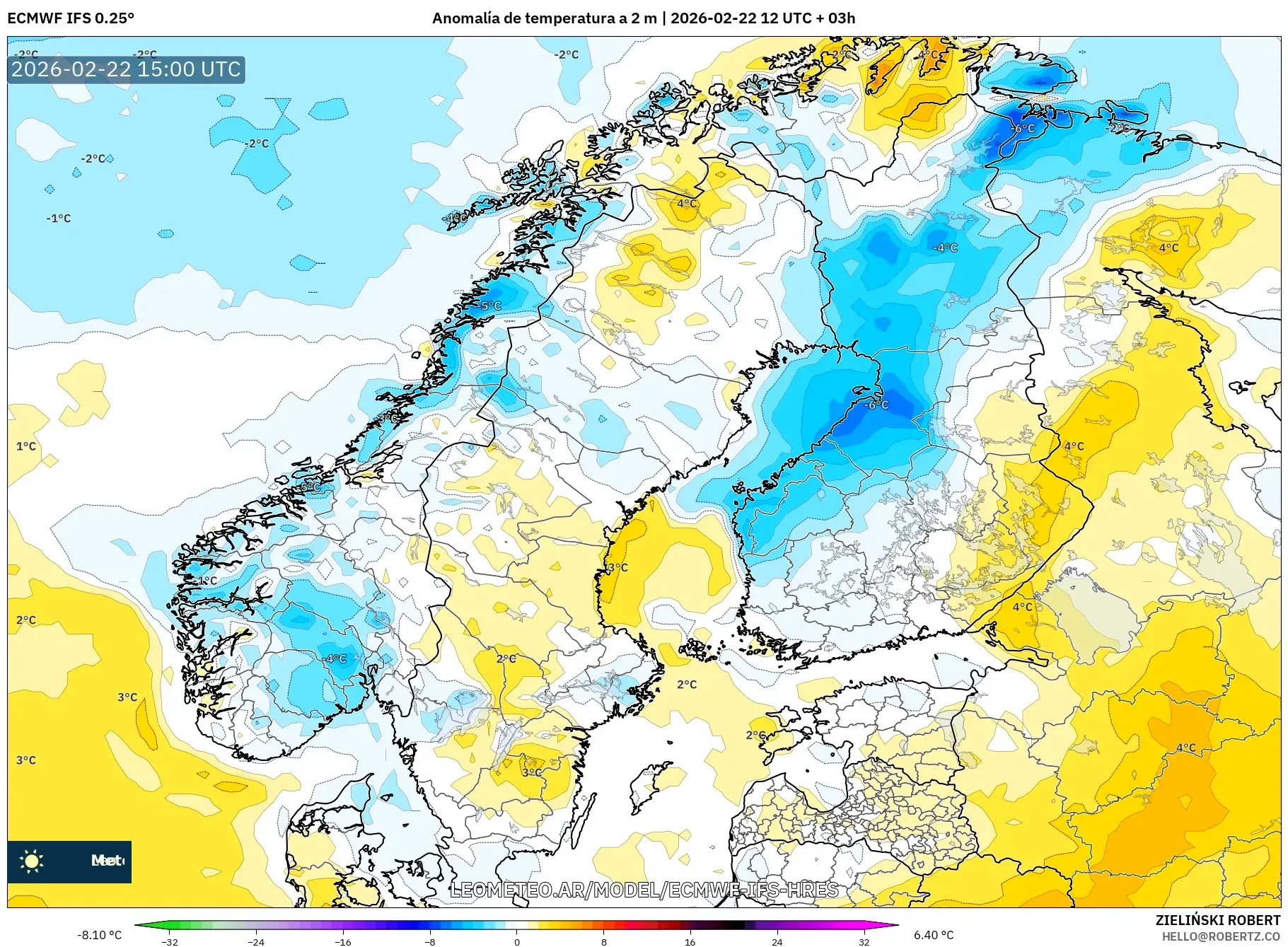 ECMWF IFS 0.25° model - Skandynawia, Anomalia temperatury na 2 m