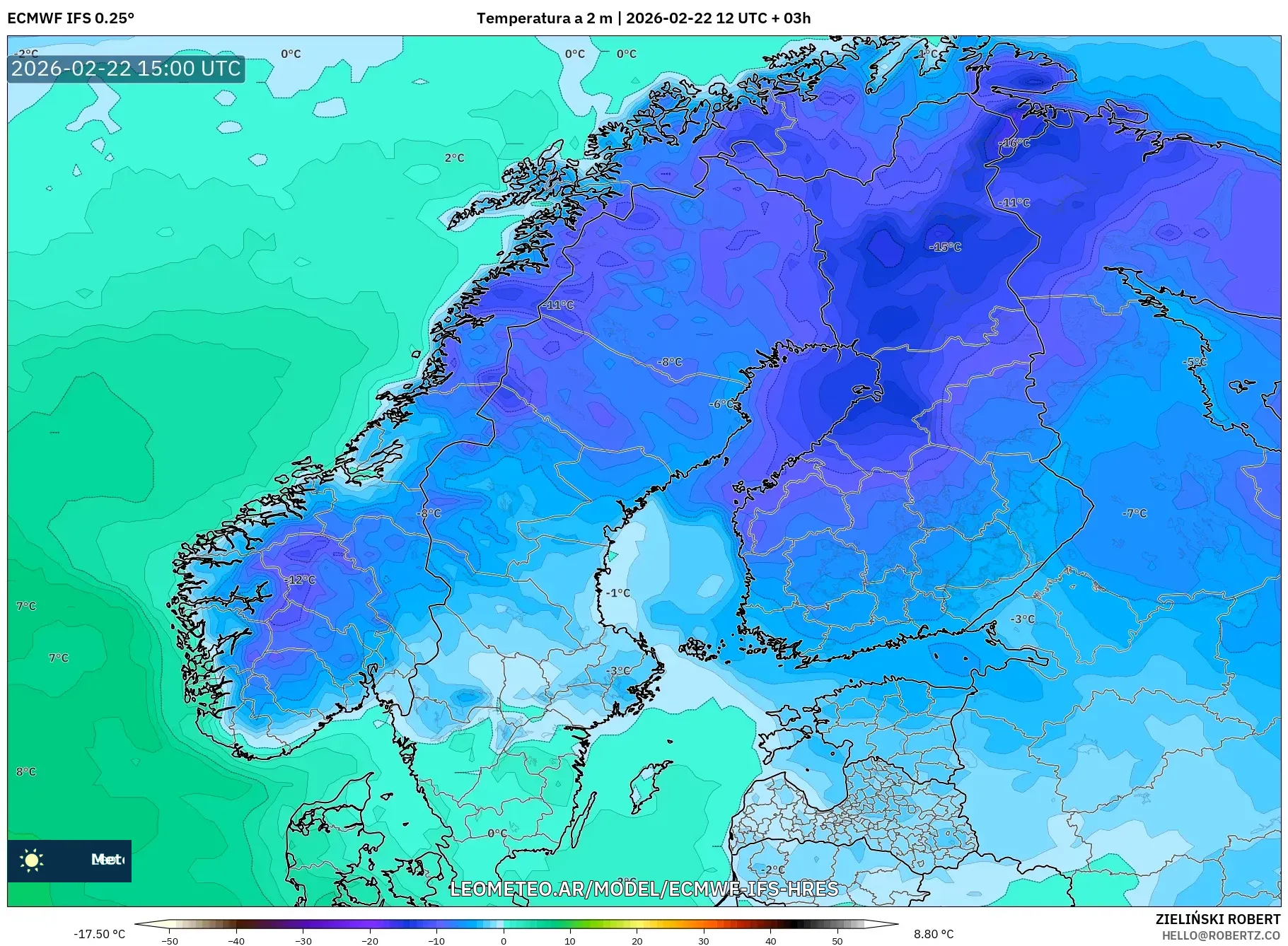 ECMWF IFS 0.25° model - Skandynawia, Temperatura na 2 m