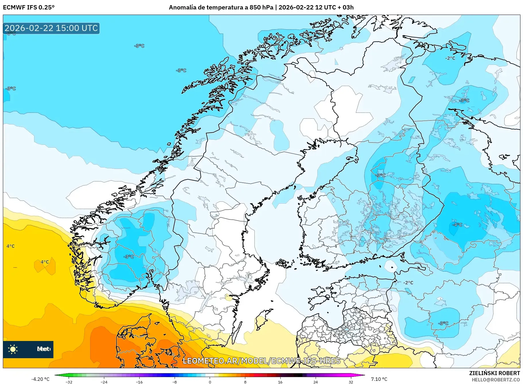ECMWF IFS 0.25° model - Skandynawia, Anomalia temperatury na 850 hPa