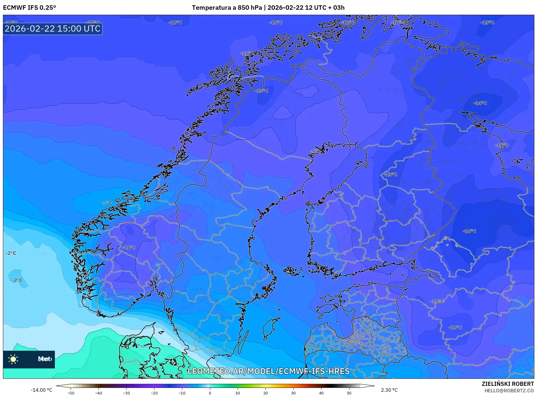 ECMWF IFS 0.25° model - Skandynawia, Temperatura na 850 hPa