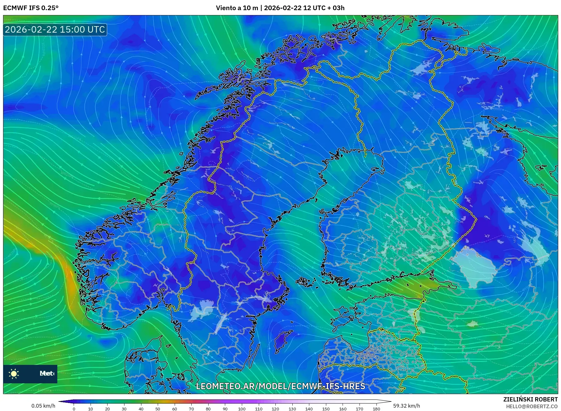 ECMWF IFS 0.25° model - Skandynawia, Wiatr na 10 m