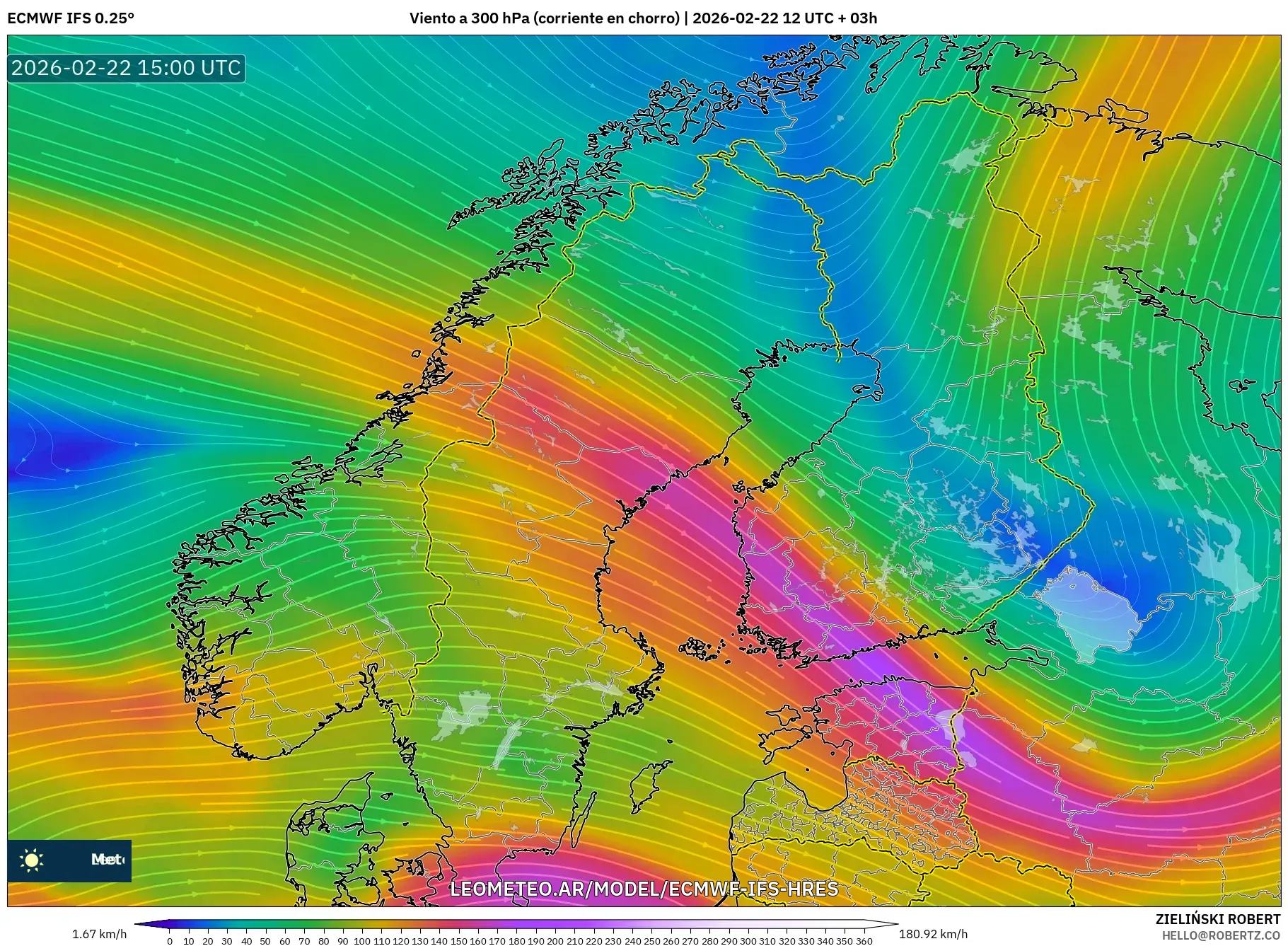 ECMWF IFS 0.25° model - Skandynawia, Wiatr na 300 hPa (prąd strumieniowy)