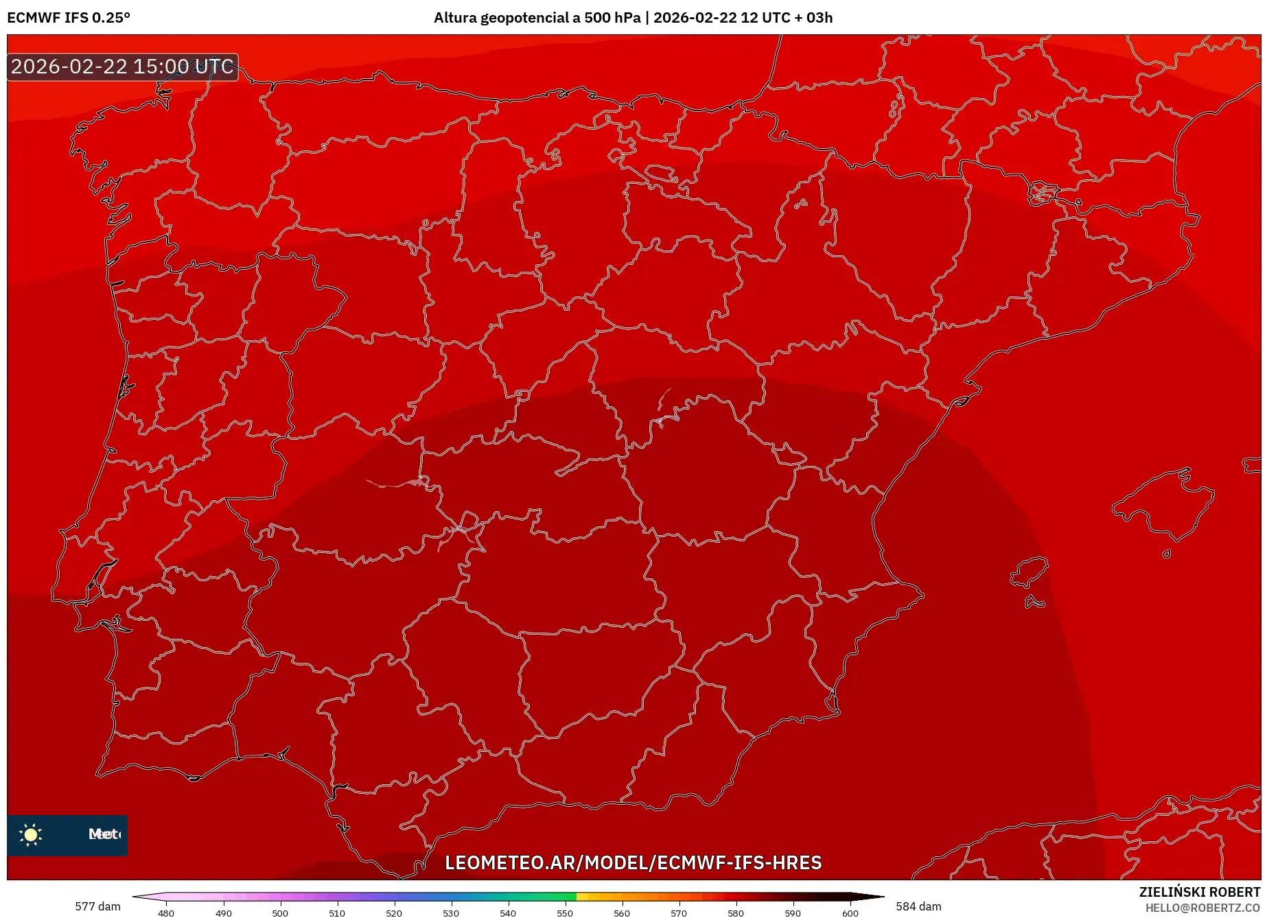 ECMWF IFS 0.25° model - Hiszpania, Wysokość geopotencjalna na poziomie 500 hPa