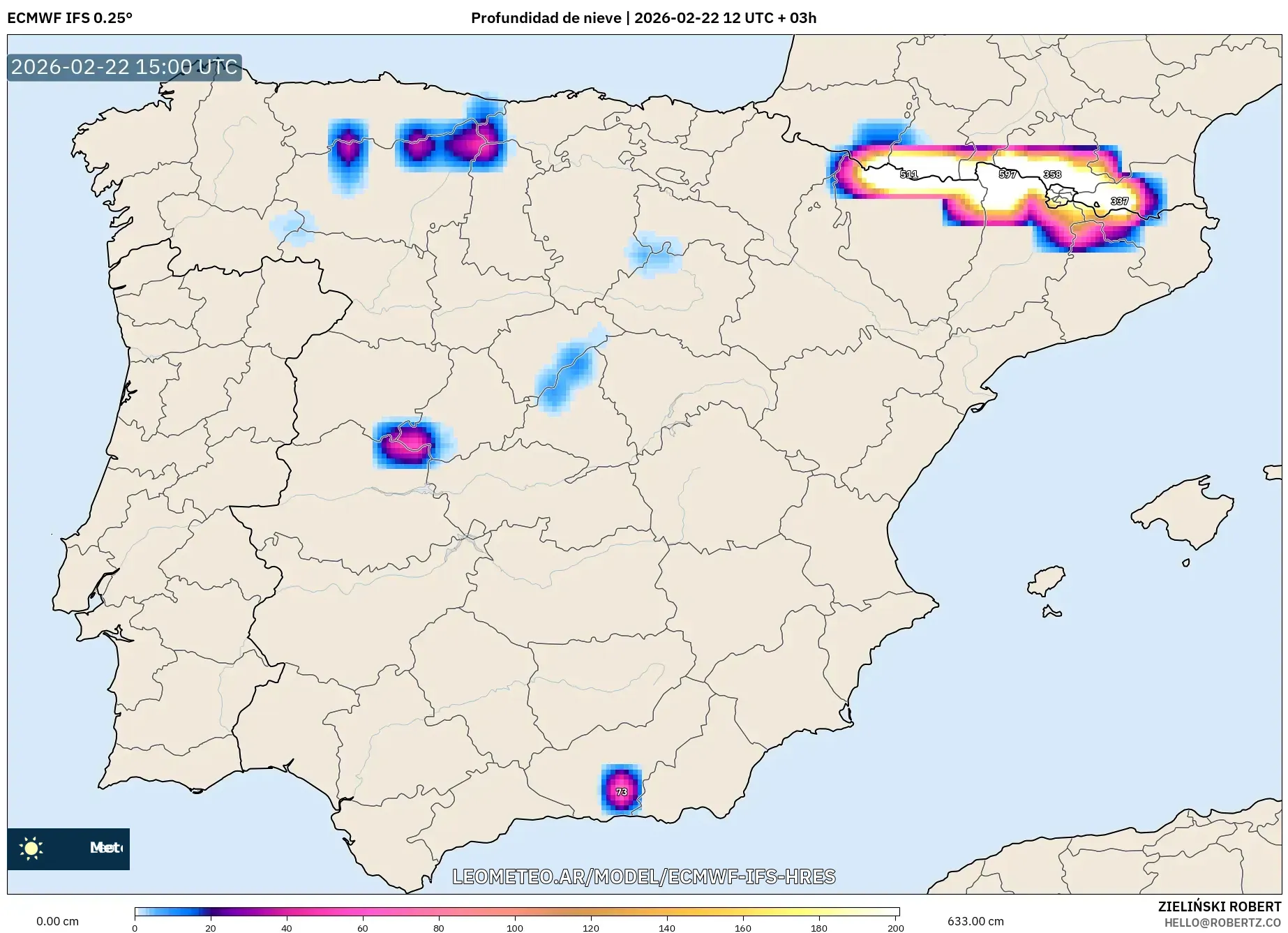 ECMWF IFS 0.25° model - Hiszpania, Pokrywa śnieżna