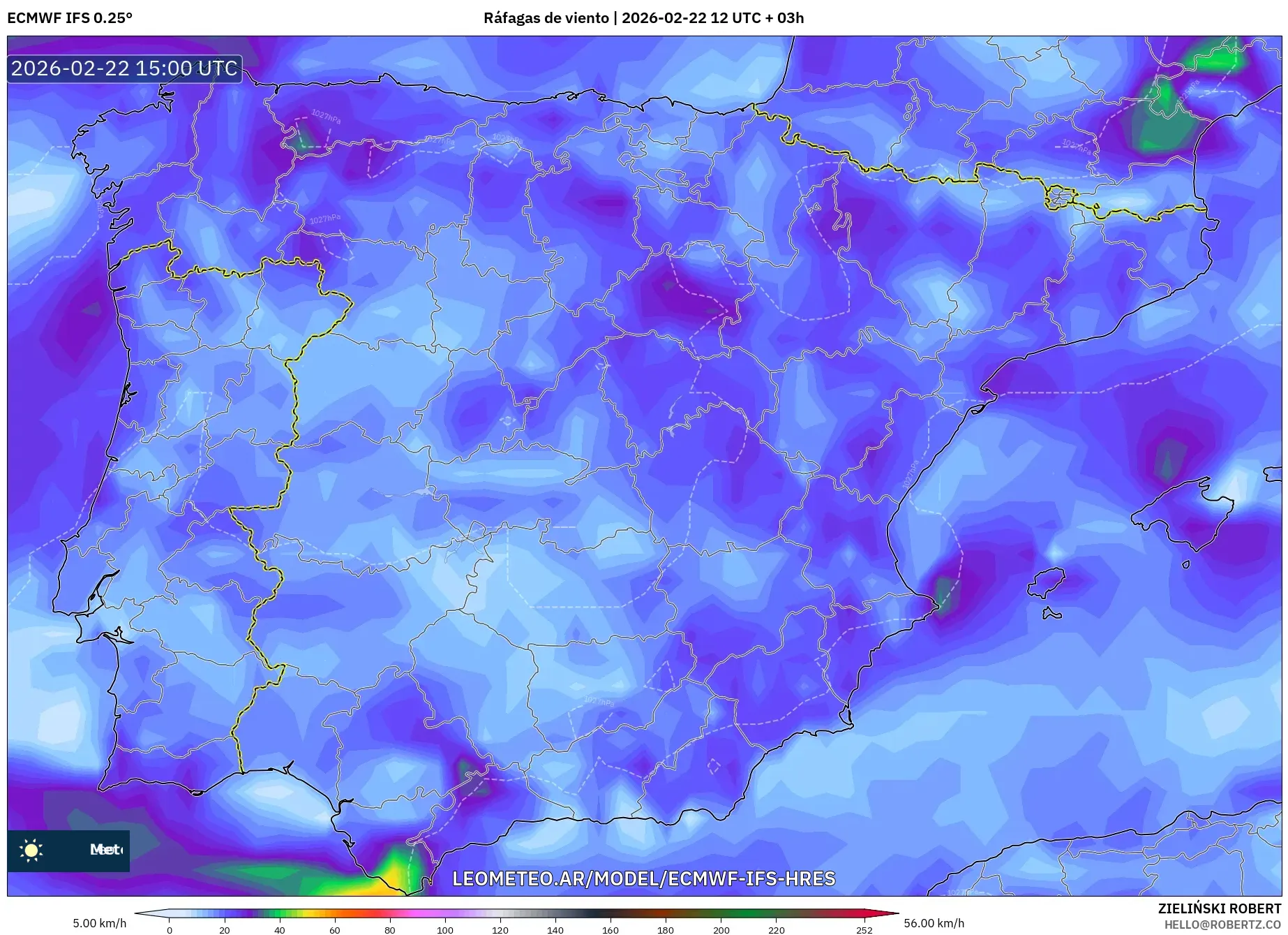 ECMWF IFS 0.25° model - Hiszpania, Porywy wiatru