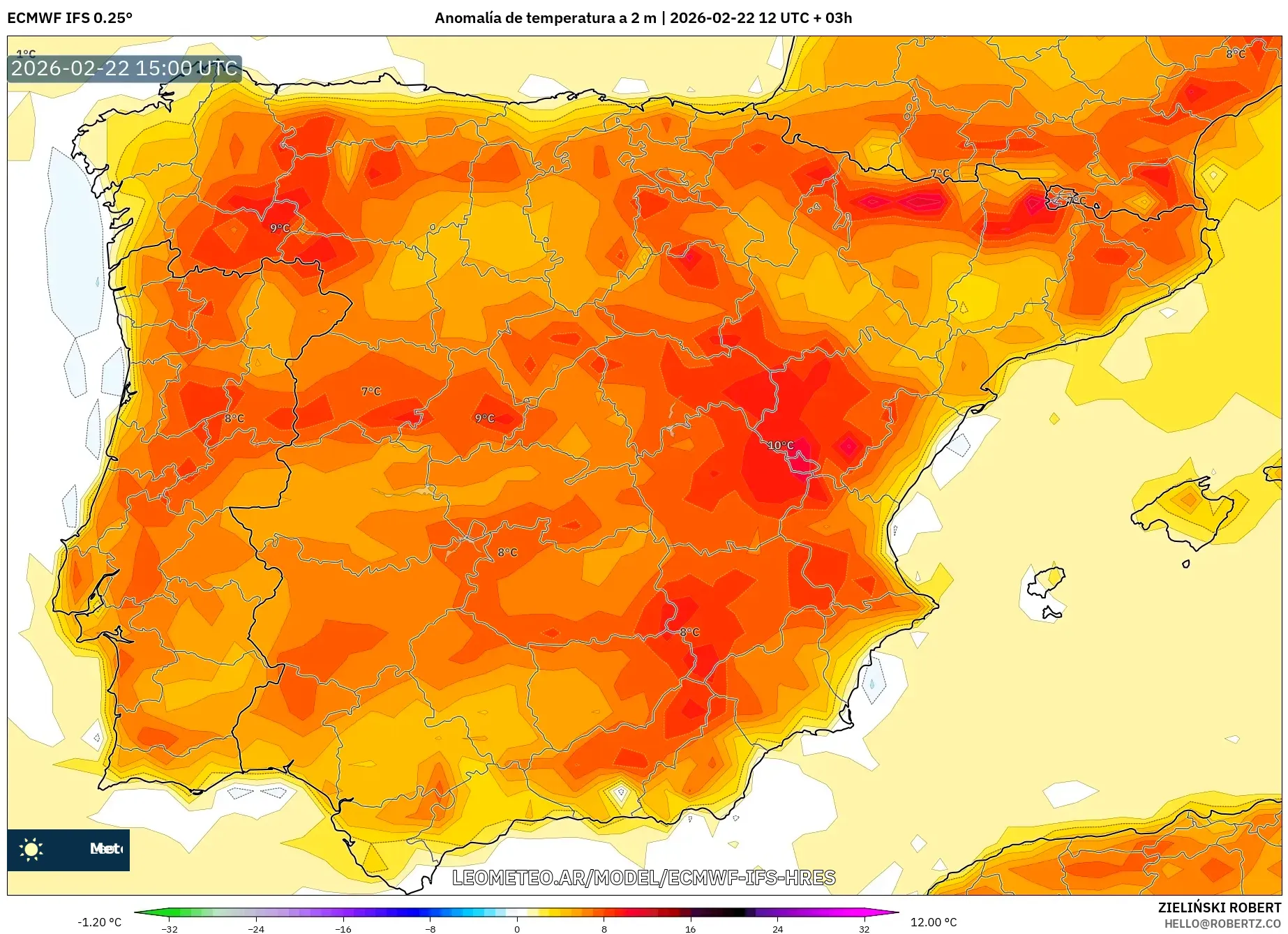 ECMWF IFS 0.25° model - Hiszpania, Anomalia temperatury na 2 m