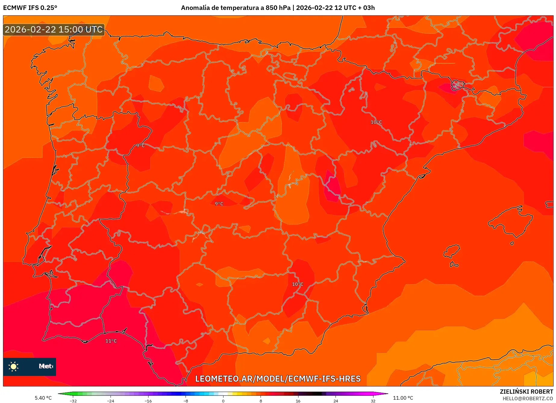 ECMWF IFS 0.25° model - Hiszpania, Anomalia temperatury na 850 hPa