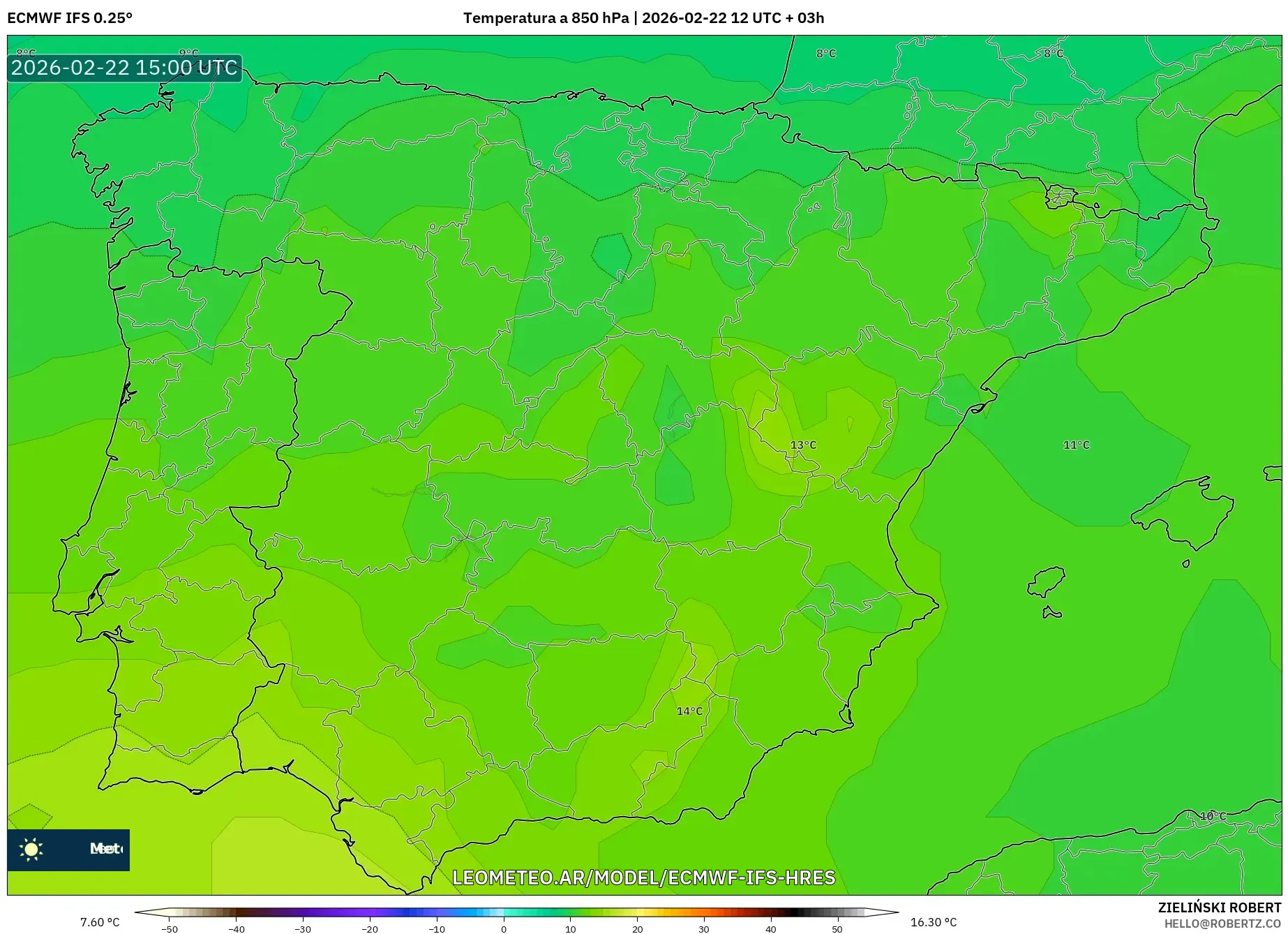 ECMWF IFS 0.25° model - Hiszpania, Temperatura na 850 hPa