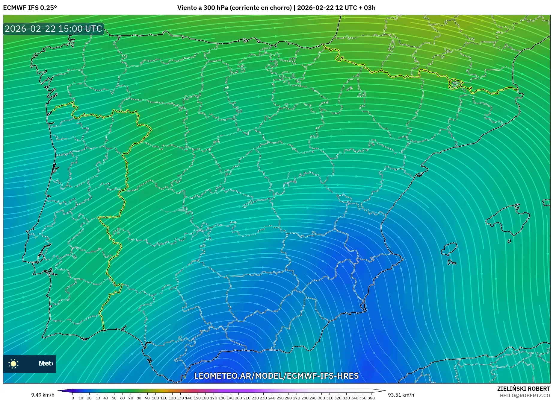 ECMWF IFS 0.25° model - Hiszpania, Wiatr na 300 hPa (prąd strumieniowy)