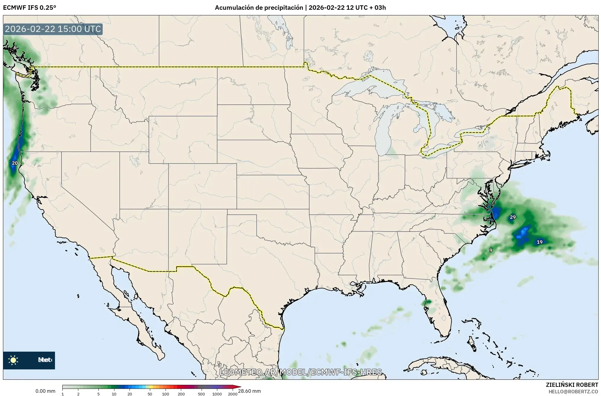 ECMWF IFS 0.25° model - Stany Zjednoczone, Suma opadów