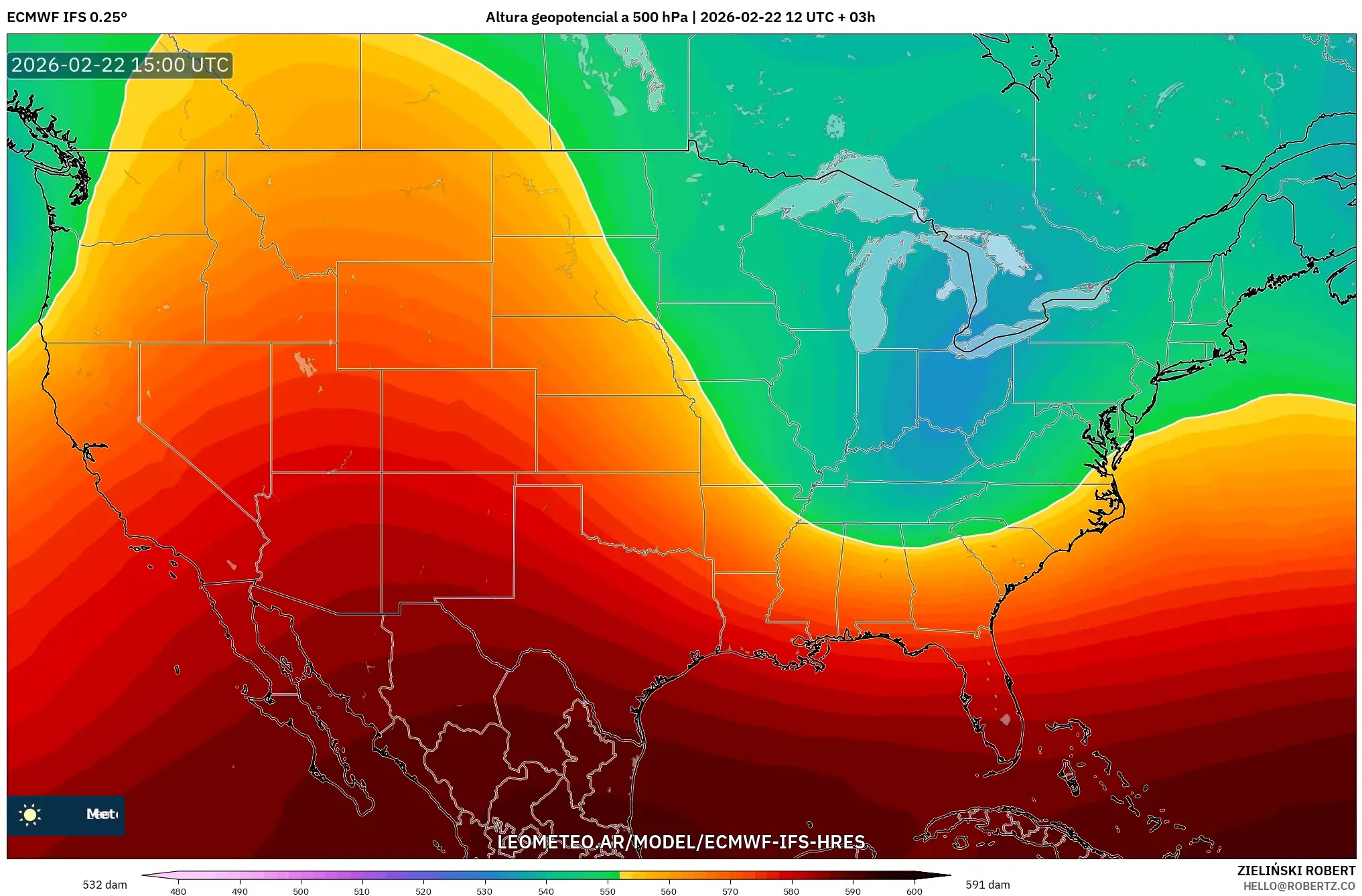 ECMWF IFS 0.25° model - Stany Zjednoczone, Wysokość geopotencjalna na poziomie 500 hPa