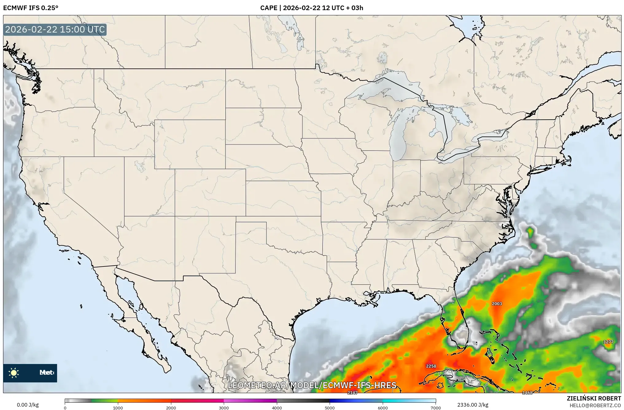 ECMWF IFS 0.25° model - Stany Zjednoczone, CAPE