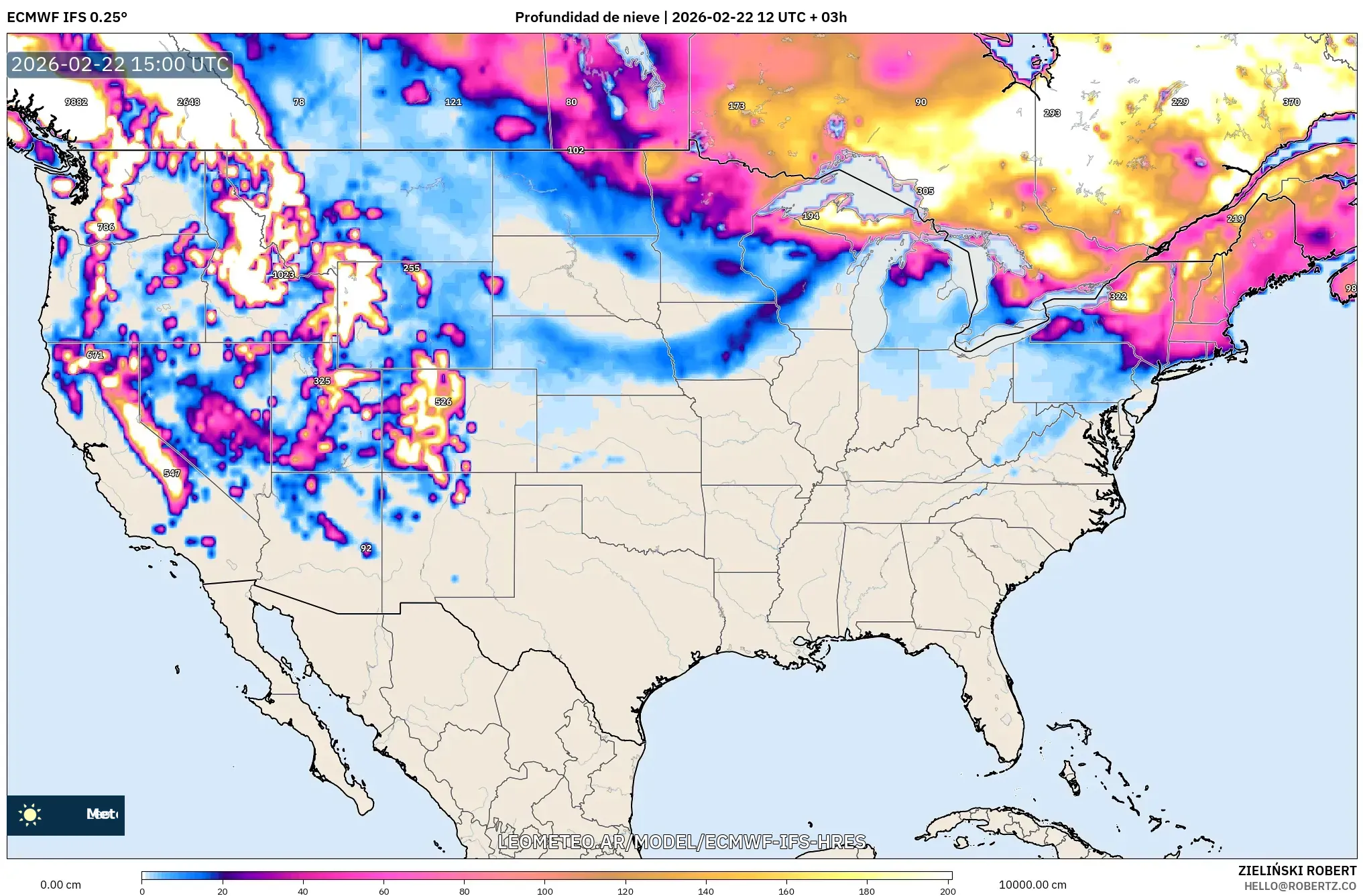 ECMWF IFS 0.25° model - Stany Zjednoczone, Pokrywa śnieżna