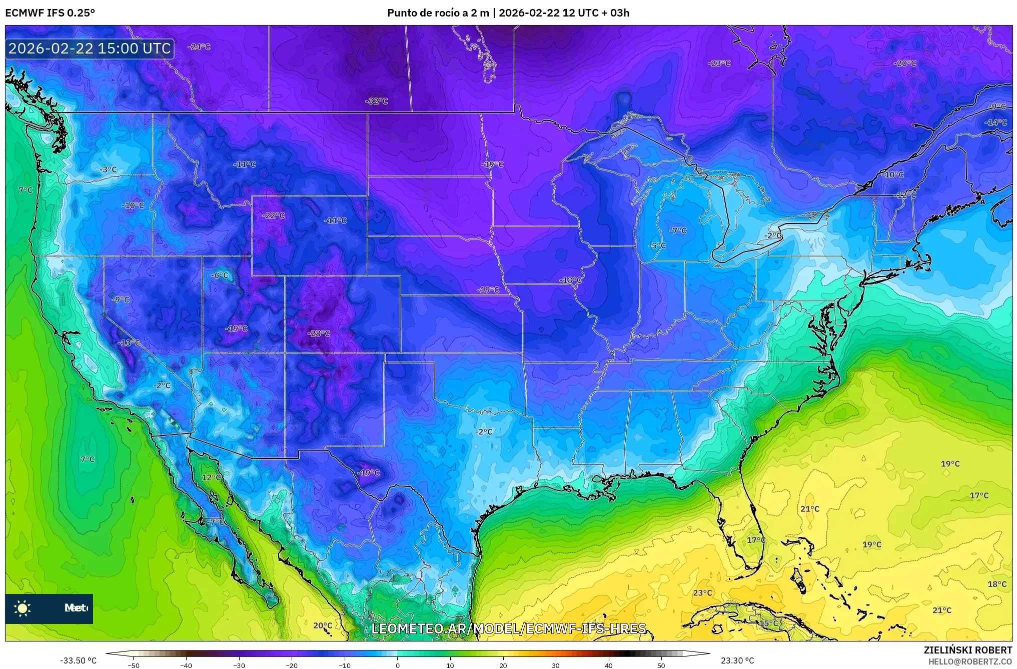 ECMWF IFS 0.25° model - Stany Zjednoczone, Punkt rosy na 2 m