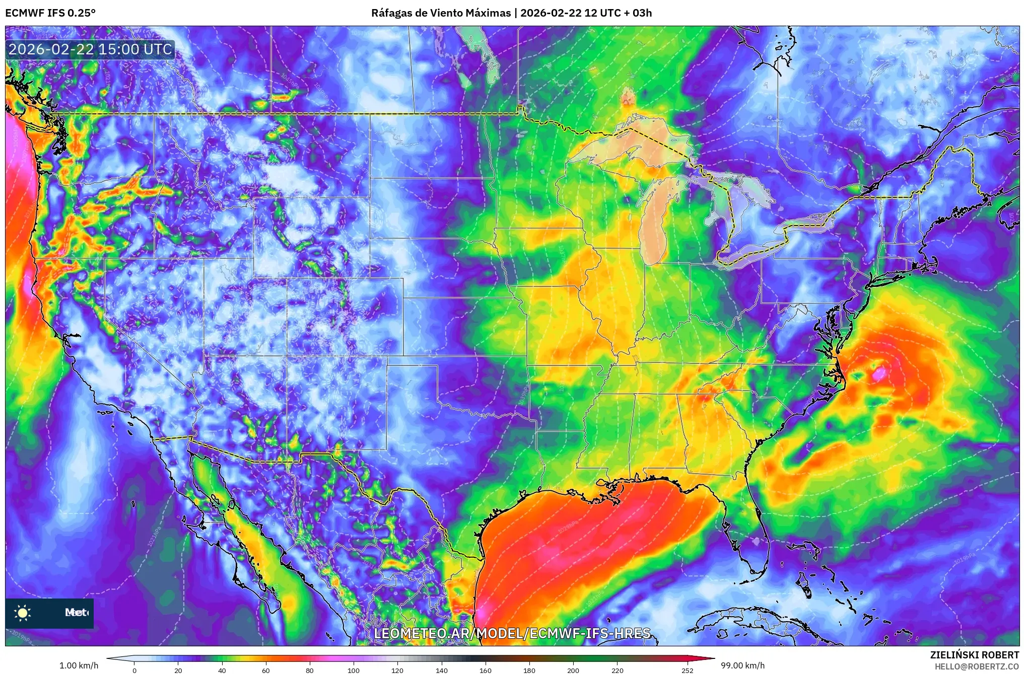 ECMWF IFS 0.25° model - Stany Zjednoczone, Maksymalne Porywy Wiatru