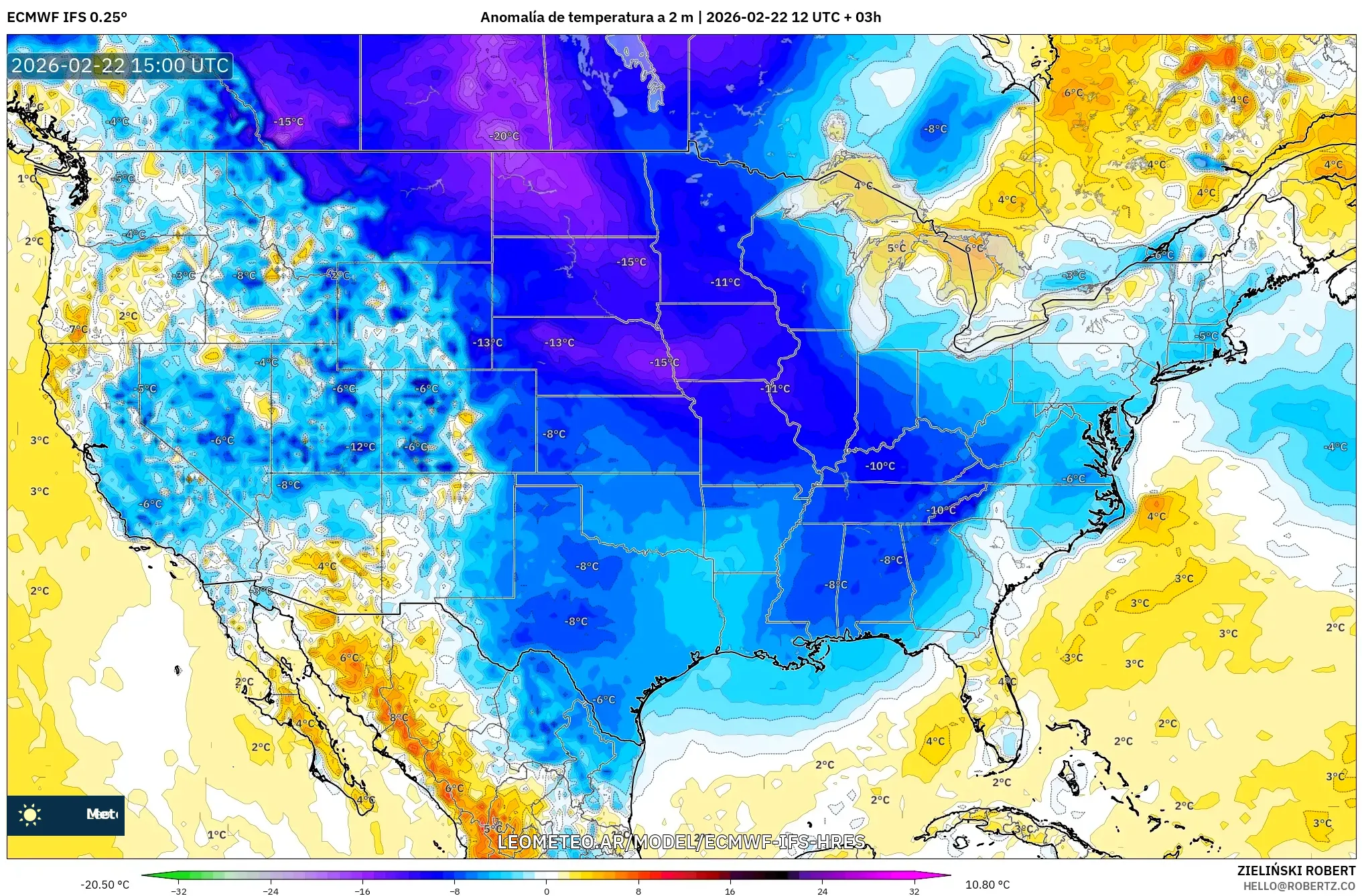 ECMWF IFS 0.25° model - Stany Zjednoczone, Anomalia temperatury na 2 m