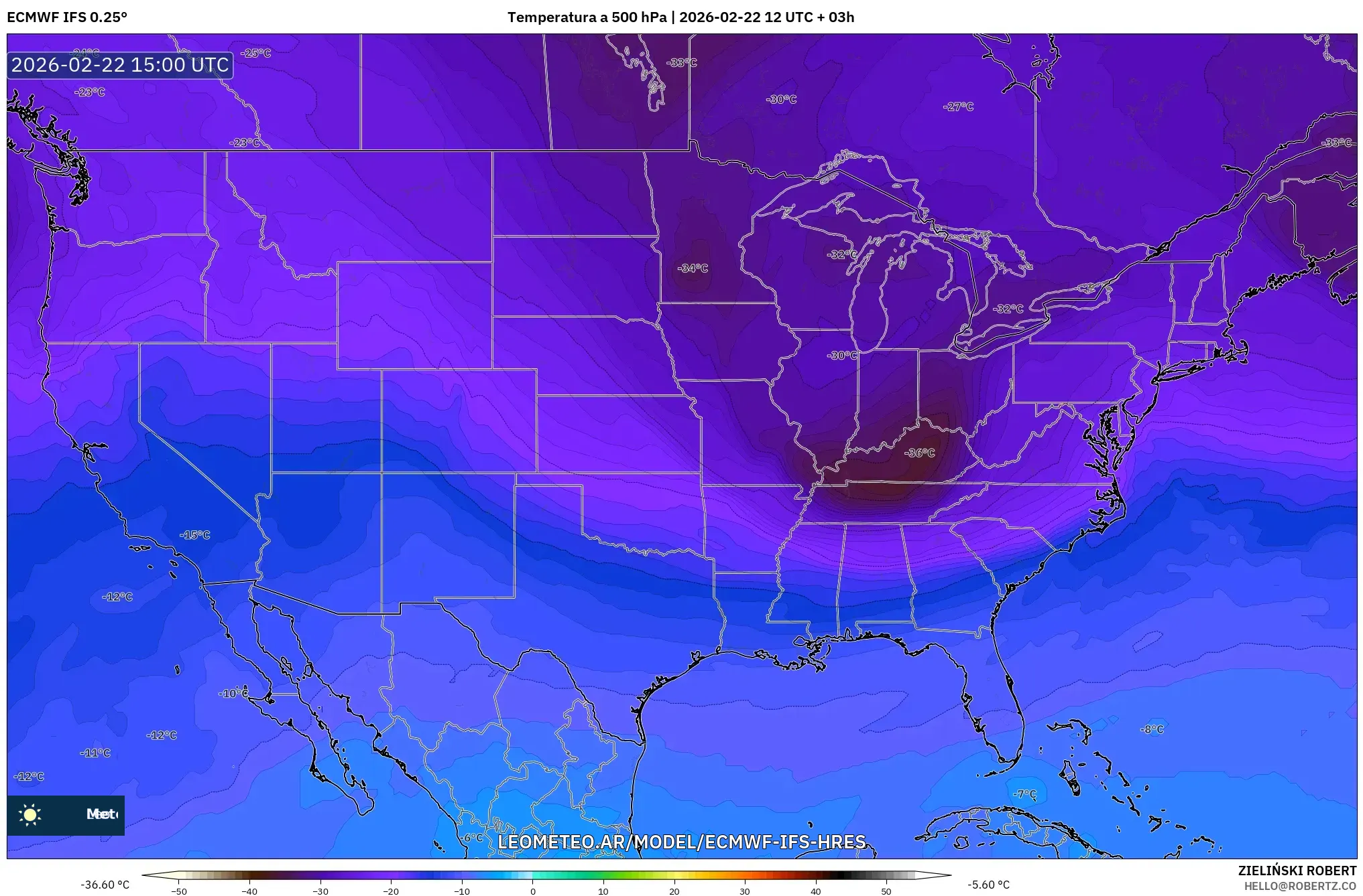 ECMWF IFS 0.25° model - Stany Zjednoczone, Temperatura na 500 hPa
