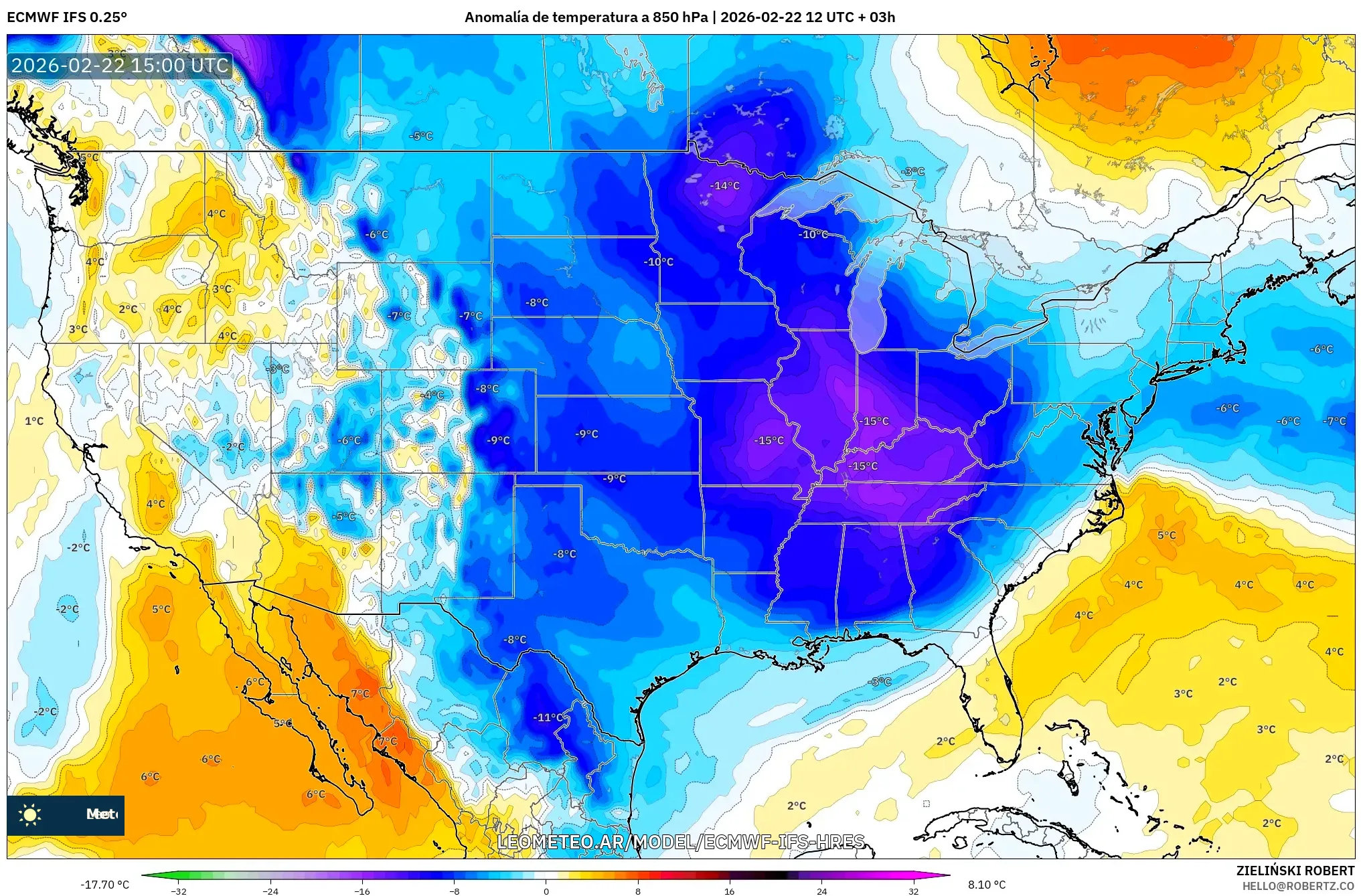 ECMWF IFS 0.25° model - Stany Zjednoczone, Anomalia temperatury na 850 hPa