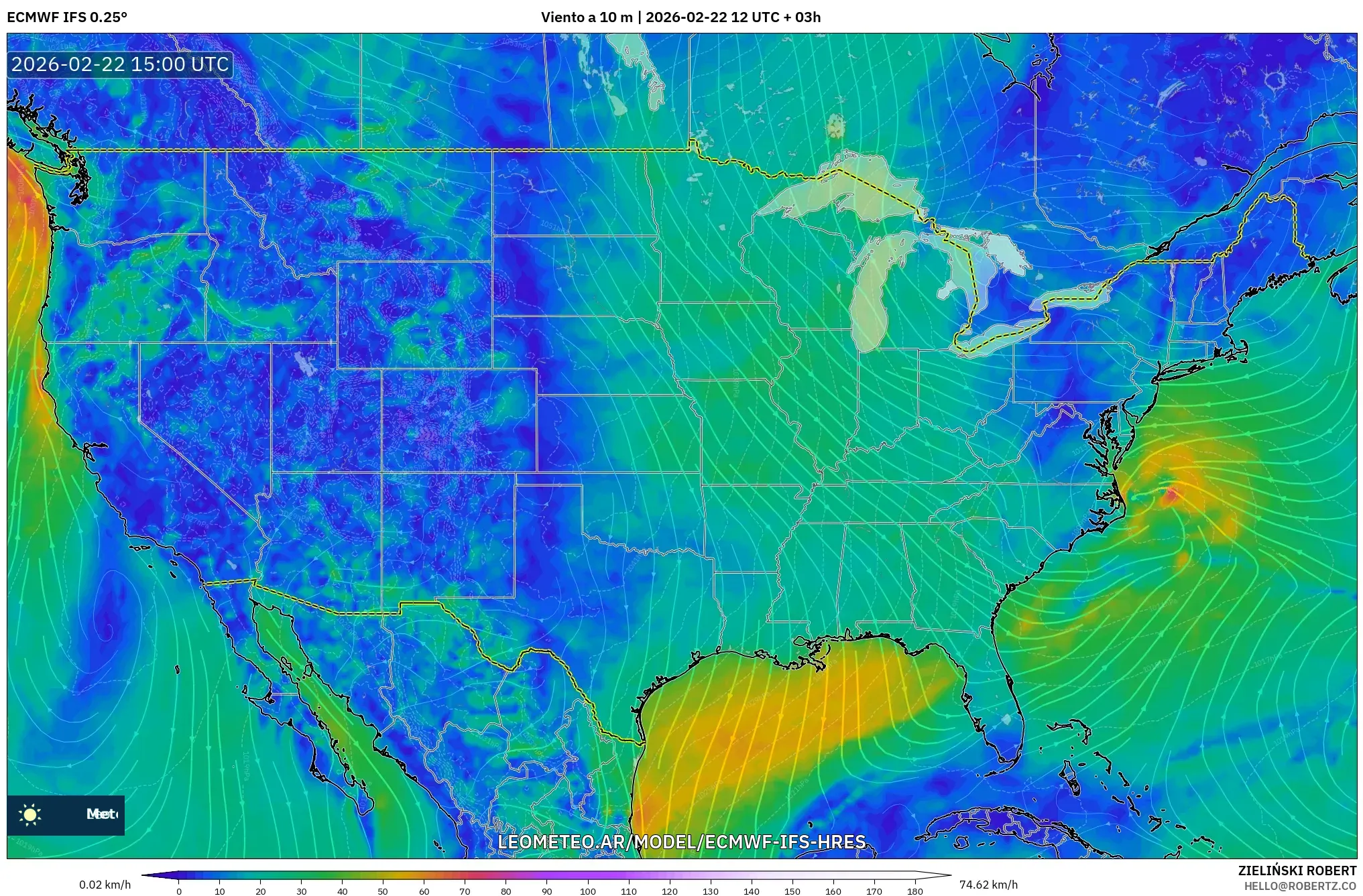 ECMWF IFS 0.25° model - Stany Zjednoczone, Wiatr na 10 m