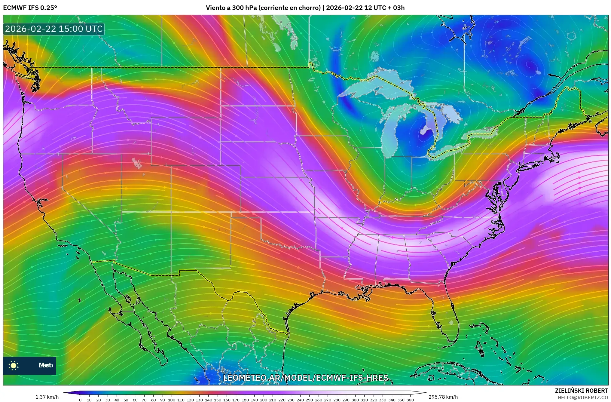 ECMWF IFS 0.25° model - Stany Zjednoczone, Wiatr na 300 hPa (prąd strumieniowy)