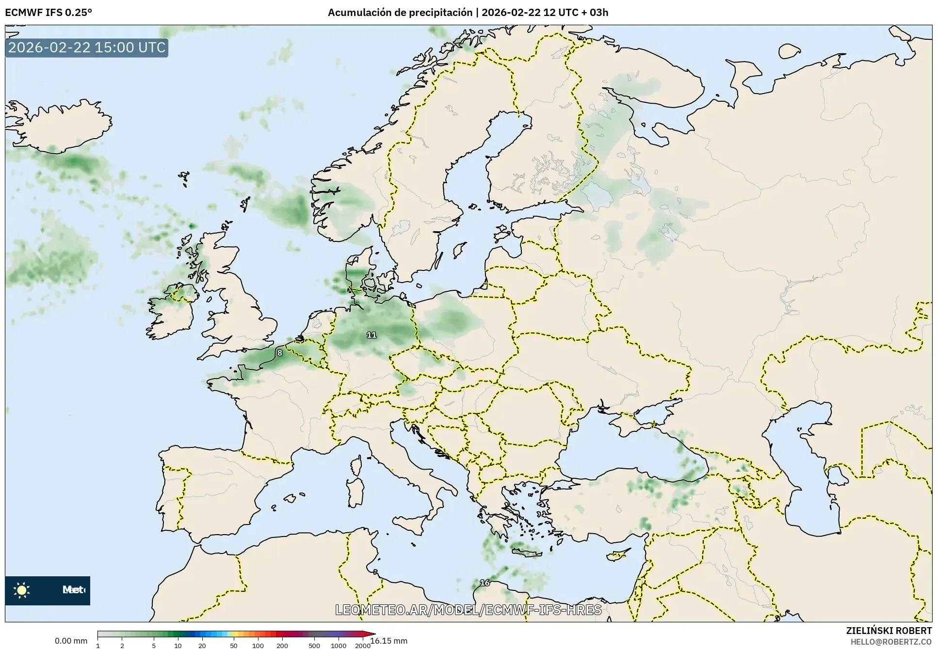 ECMWF IFS 0.25° model - Europa, Suma opadów